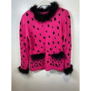 Collective Works Sweater Knit Pink Black leopard Feather Trim M‎